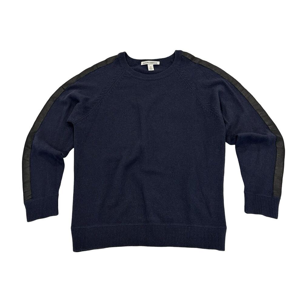 Autumn Cashmere Pullover Sweater Womens XS Blue Knit & Sheepskin Sleeve Trim